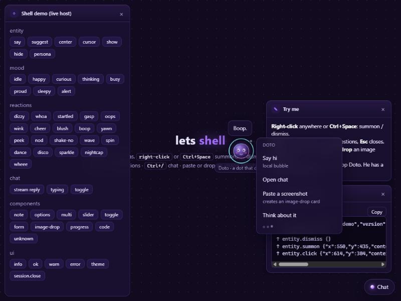 The shell demo: a control panel on the left, Doto in the middle with his suggestion menu open (Say hi, Open chat, Paste a screenshot, Think about it), and on the right a help card and a live log of events on their way to Claude.